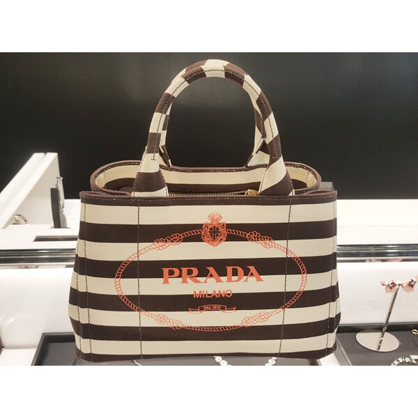 【セール】PRADA コピーカナパ×ストライプ柄キャンバストートバッグ  1BG155